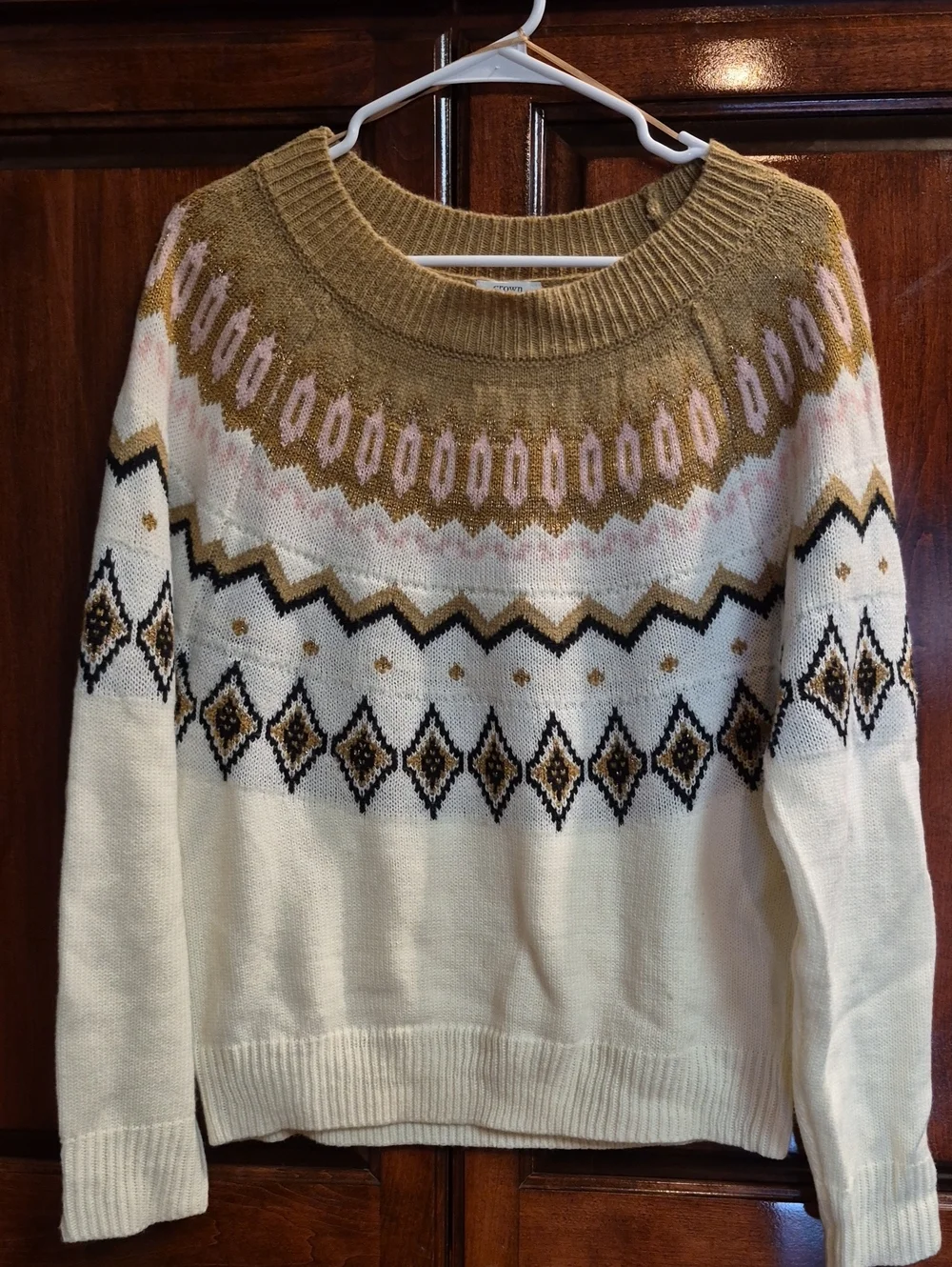 crown & ivy Cream Fair Isle Crewneck Sweater with Tan and Pink Accents